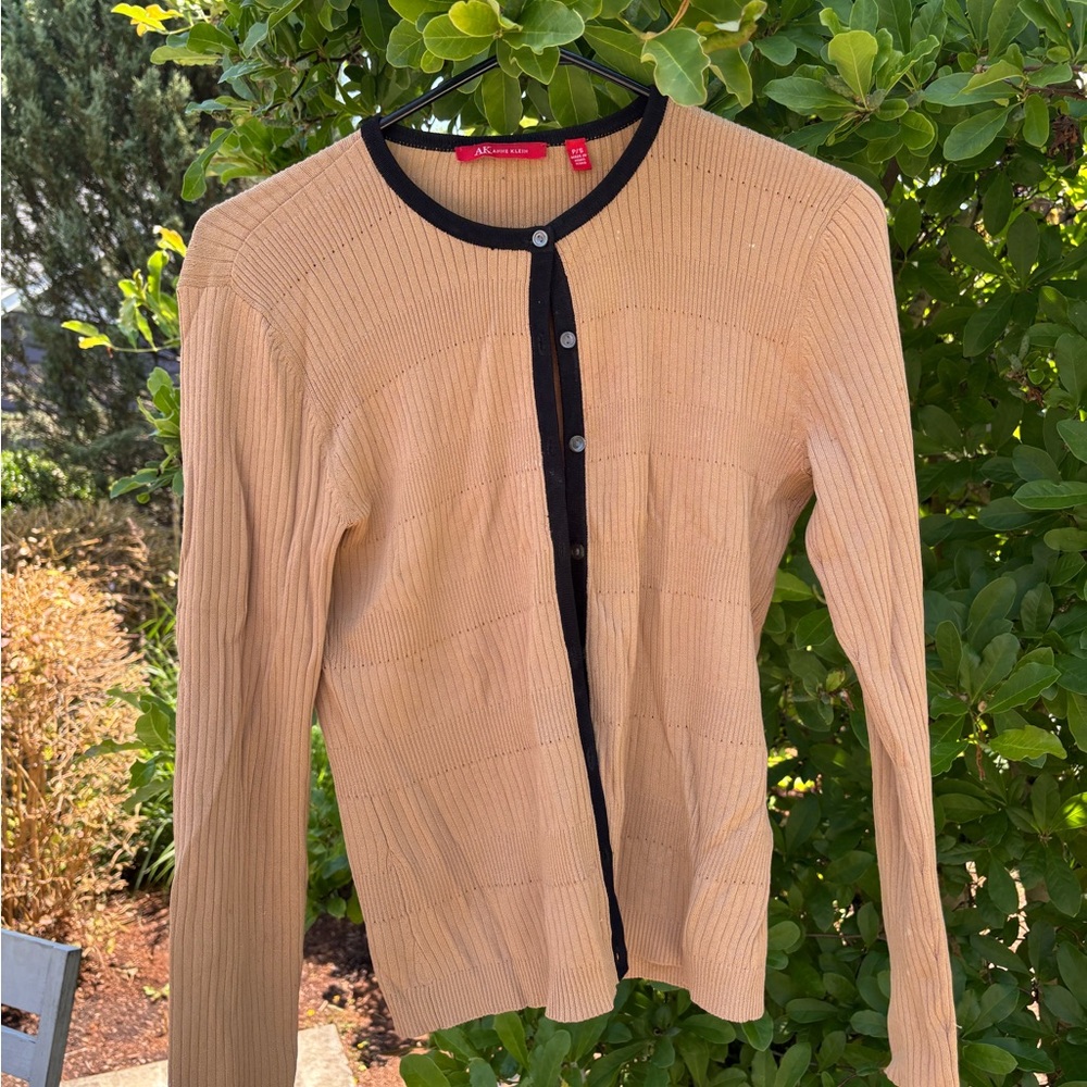 Anne Klein Tan Button Down Cardigan with Black Trim